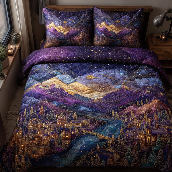 Night Court City of Starlight quilted 3-piece bedding set on a made bed with two matching pillow shams