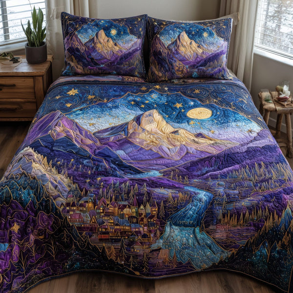 Night Court City of Starlight quilted 3-piece bedding set on a made bed with two matching pillow shams