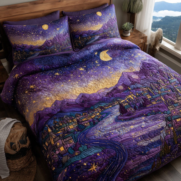 Night Court City of Starlight quilted 3-piece bedding set on a made bed with two matching pillow shams