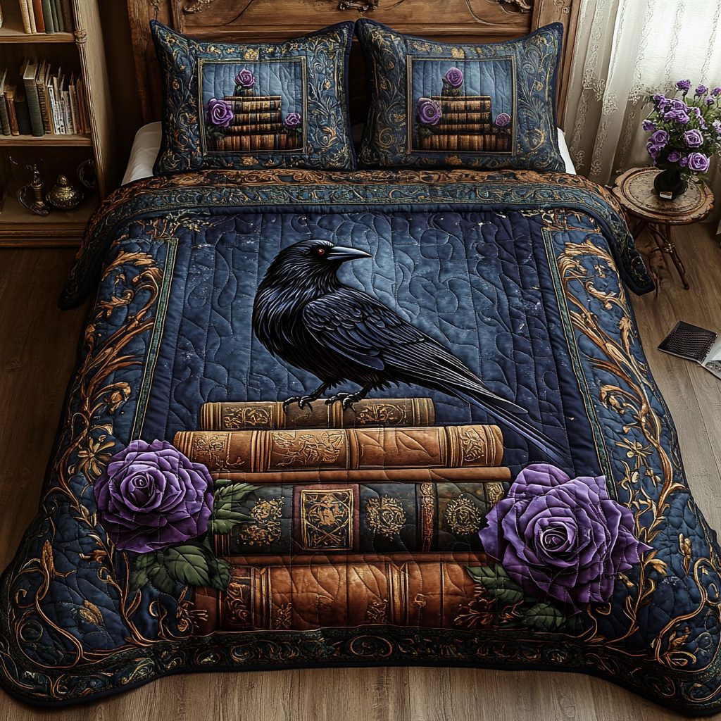 Night Feather quilted 3-piece bedding set on a made bed with two matching pillow shams