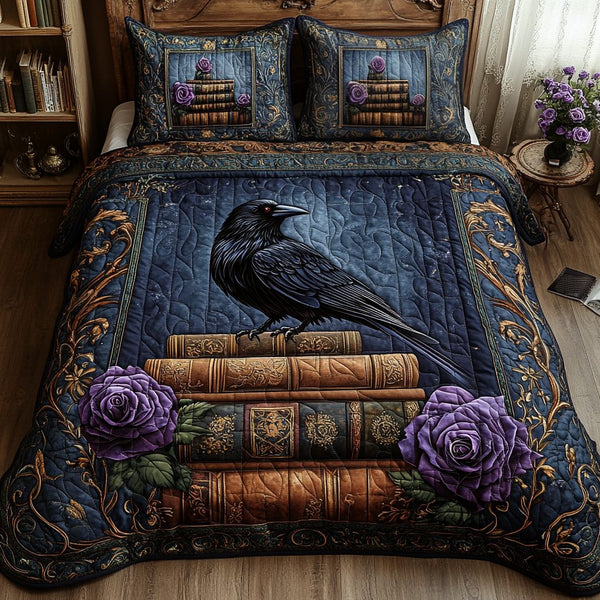Night Feather quilted 3-piece bedding set on a made bed with two matching pillow shams