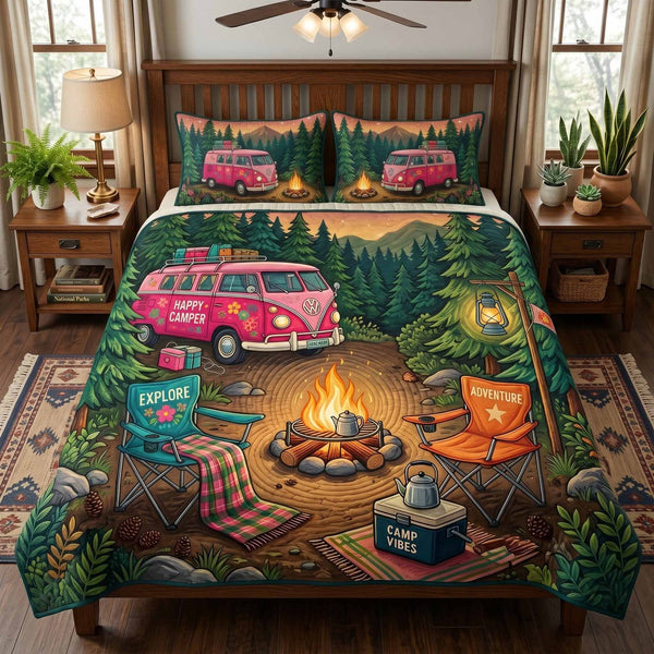 Night Fire quilted 3-piece bedding set on a made bed with two matching pillow shams