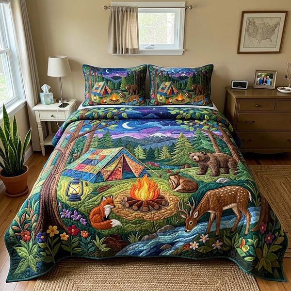 Night Forest Camp quilted 3-piece bedding set on a made bed with two matching pillow shams