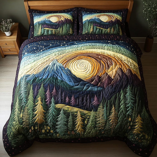 Night Horizon quilted 3-piece bedding set on a made bed with two matching pillow shams