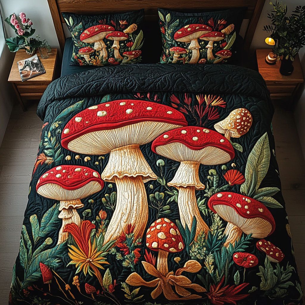 Night Mushroom Glow quilted 3-piece bedding set on a made bed with two matching pillow shams