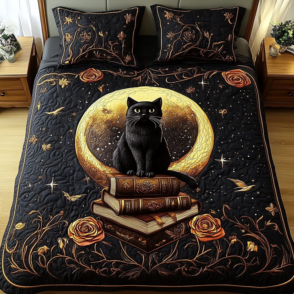 Night Reader quilted 3-piece bedding set on a made bed with two matching pillow shams