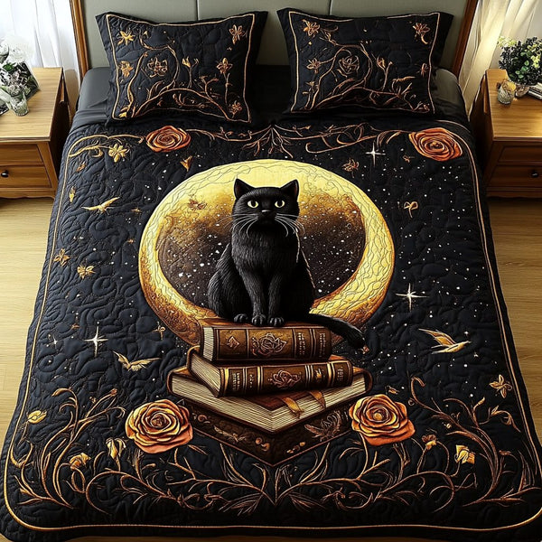 Night Reader quilted 3-piece bedding set on a made bed with two matching pillow shams