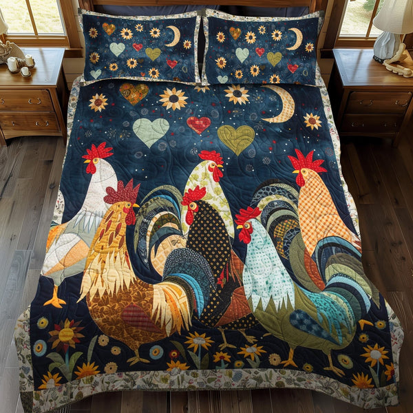Night Roosters quilted 3-piece bedding set on a made bed with two matching pillow shams