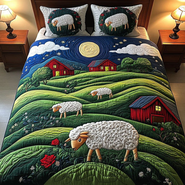 Night Sky Sheep Farm quilted 3-piece bedding set on a made bed with two matching pillow shams