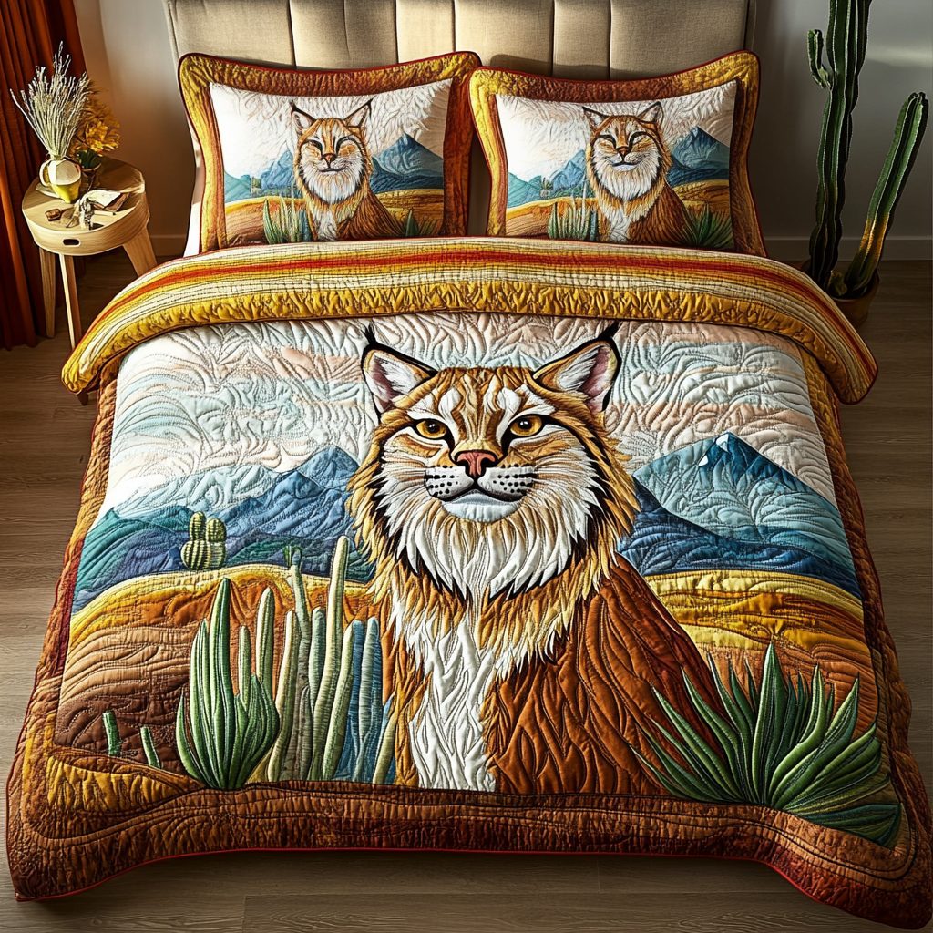 Night Stalker quilted 3-piece bedding set on a made bed with two matching pillow shams