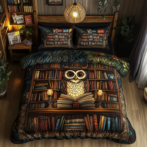 Night Watch quilted 3-piece bedding set on a made bed with two matching pillow shams