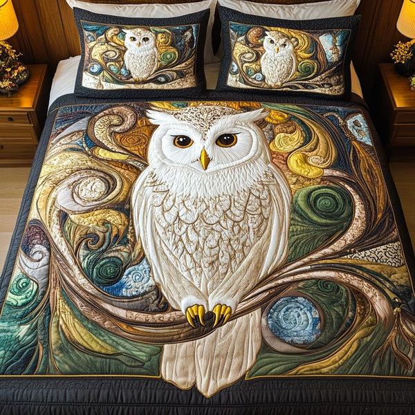 Night Watcher quilted 3-piece bedding set on a made bed with two matching pillow shams