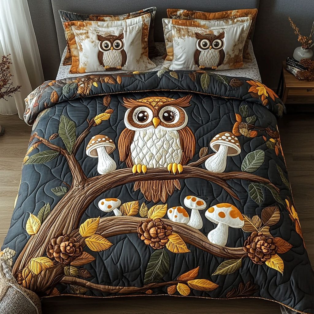 Night Watcher quilted 3-piece bedding set on a made bed with two matching pillow shams
