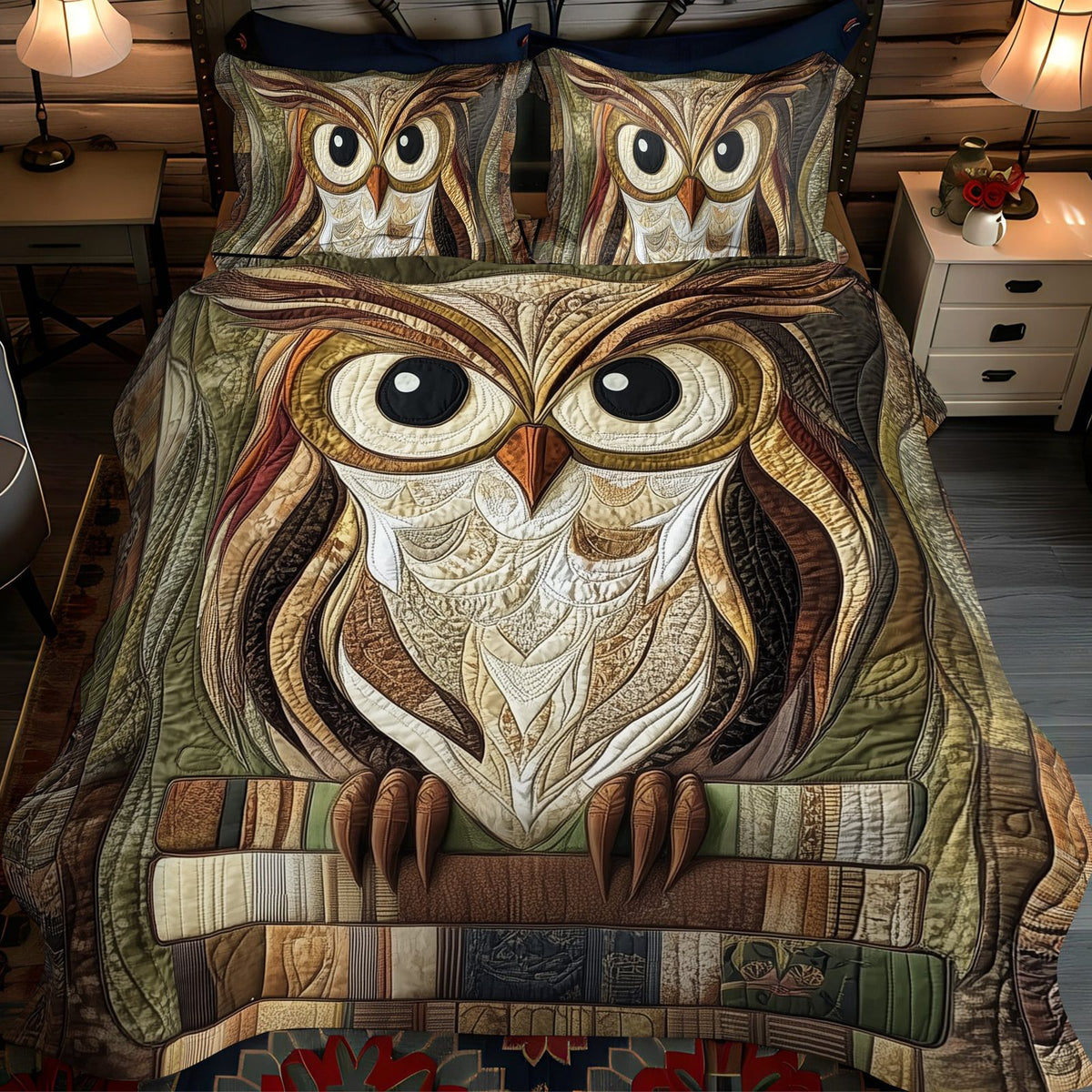 Night Watcher quilted 3-piece bedding set on a made bed with two matching pillow shams