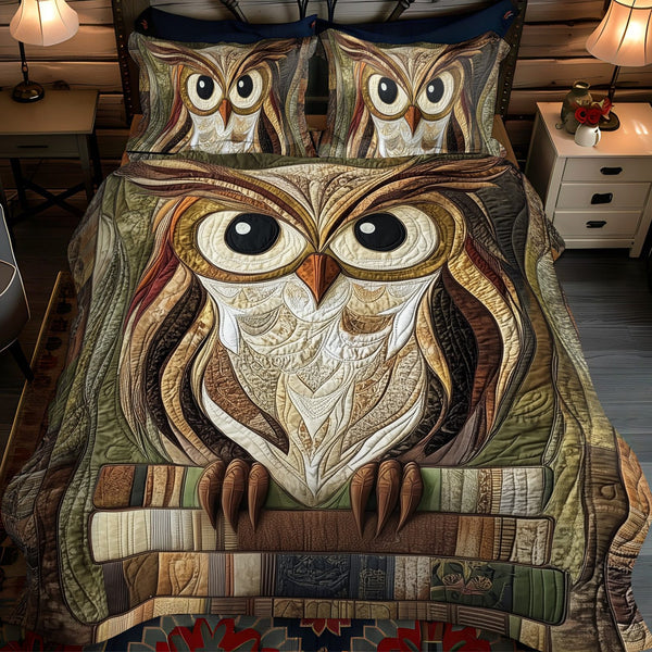 Night Watcher quilted 3-piece bedding set on a made bed with two matching pillow shams