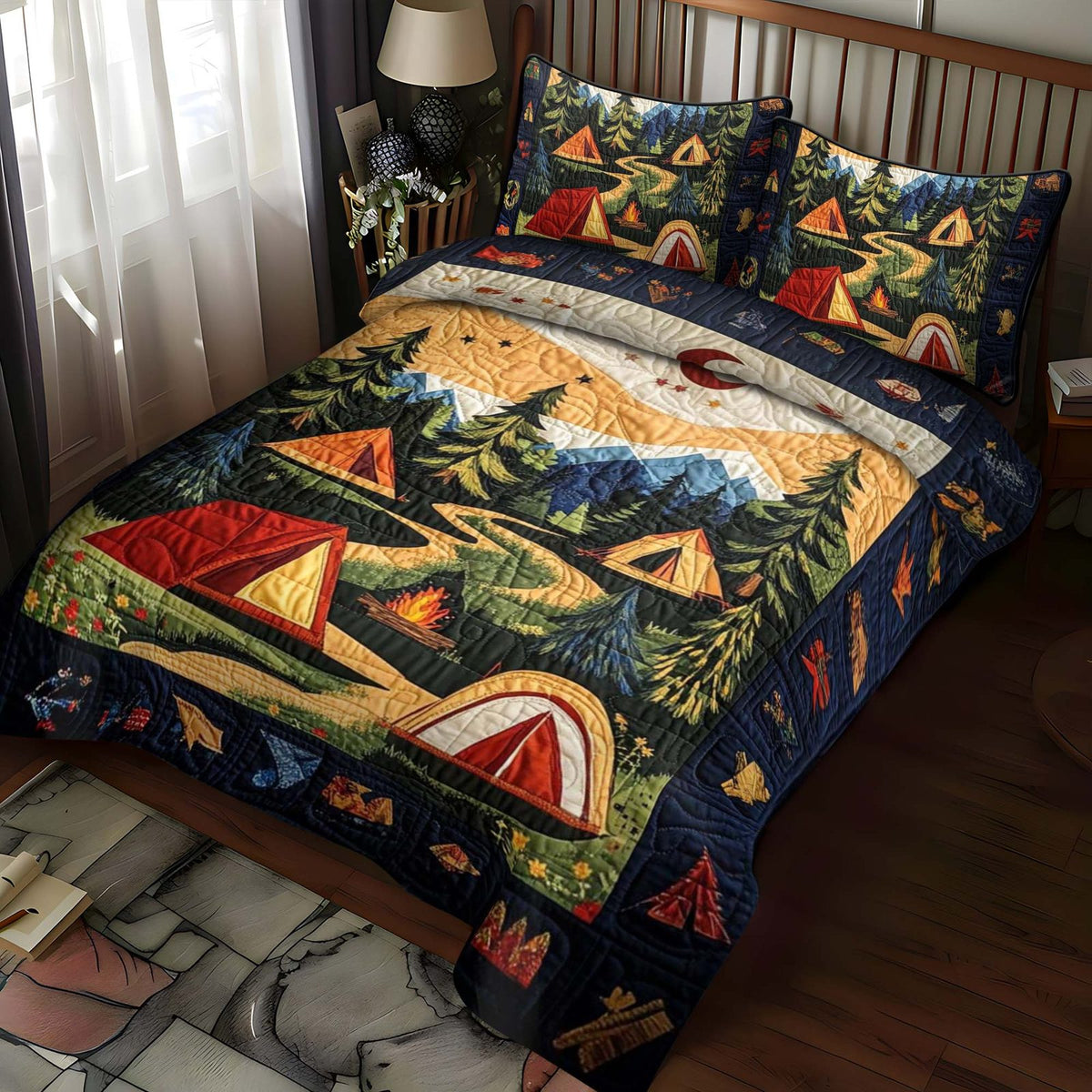 Nightfall Camp quilted 3-piece bedding set on a made bed with two matching pillow shams