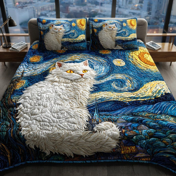 Nightfall Cat Meadow quilted 3-piece bedding set on a made bed with two matching pillow shams