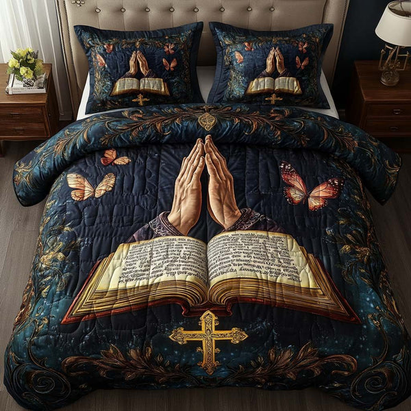 Nightfall Devotion quilted 3-piece bedding set on a made bed with two matching pillow shams