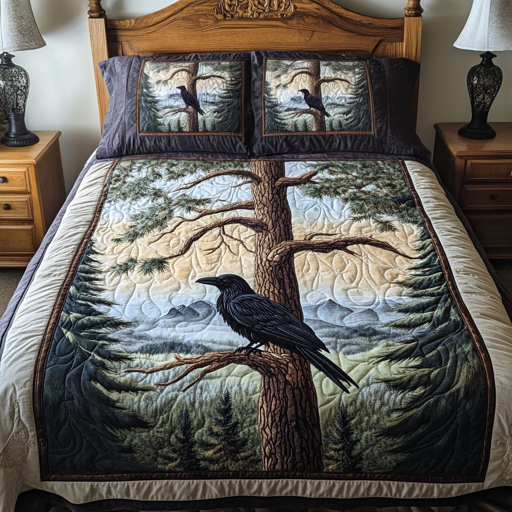 Nightfall Nest quilted 3-piece bedding set on a made bed with two matching pillow shams