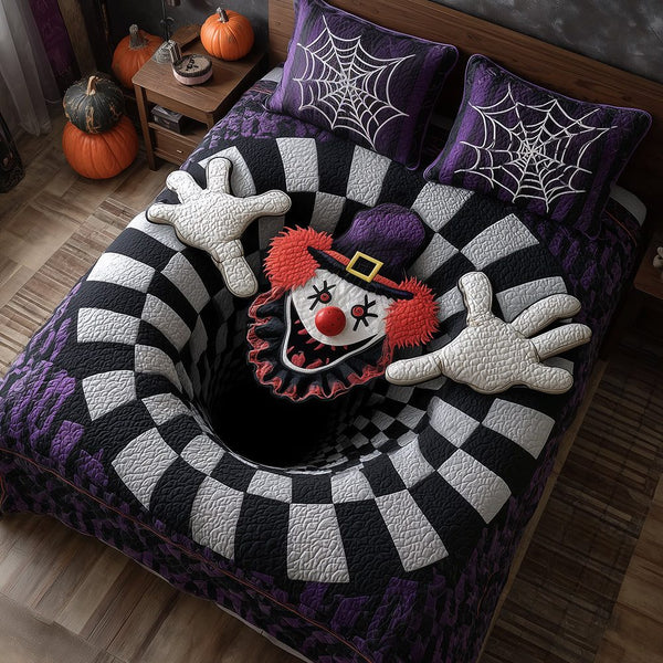 Nightmare Clown quilted 3-piece bedding set on a made bed with two matching pillow shams