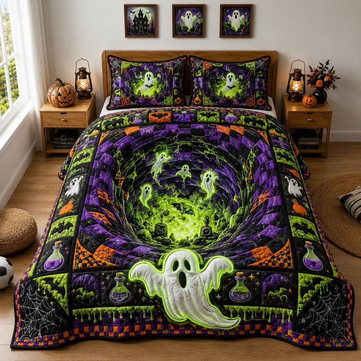 Nightmare Hollow quilted 3-piece bedding set on a made bed with two matching pillow shams