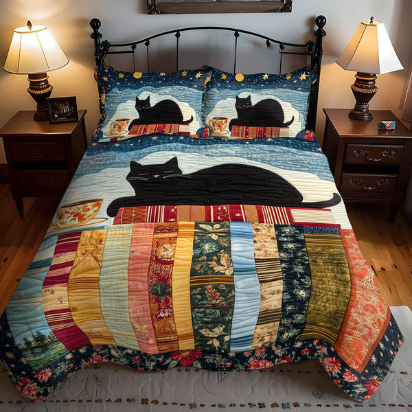 Nighttime Cat quilted 3-piece bedding set on a made bed with two matching pillow shams