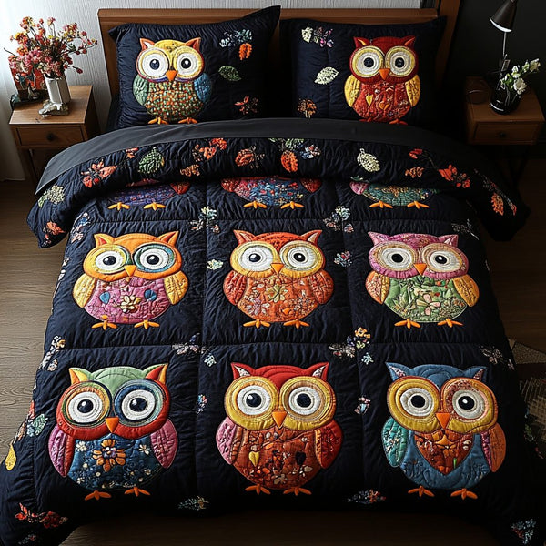 Nightwatcher quilted 3-piece bedding set on a made bed with two matching pillow shams