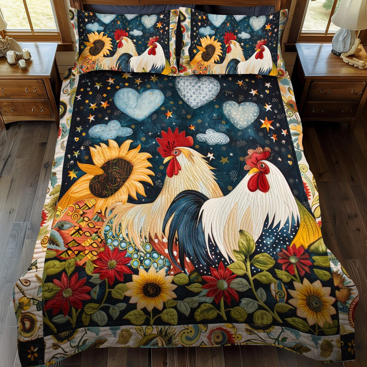 Nighty Love Chicken quilted 3-piece bedding set on a made bed with two matching pillow shams