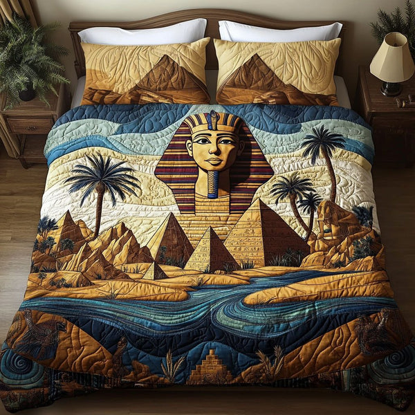 Nile Oasis quilted 3-piece bedding set on a made bed with two matching pillow shams