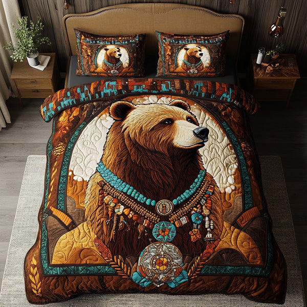 Noble Bear quilted 3-piece bedding set on a made bed with two matching pillow shams