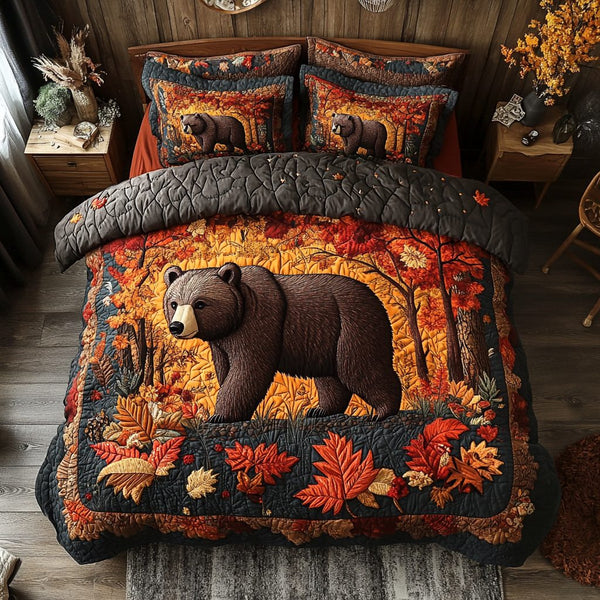 Noble Bear quilted 3-piece bedding set on a made bed with two matching pillow shams