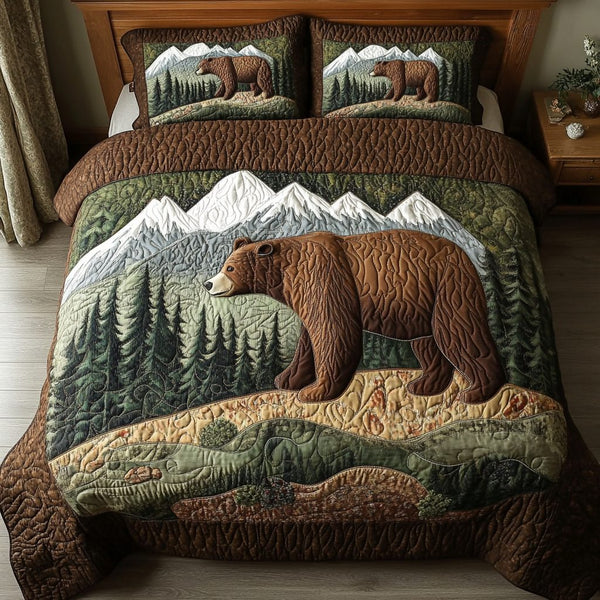 Noble Bear quilted 3-piece bedding set on a made bed with two matching pillow shams