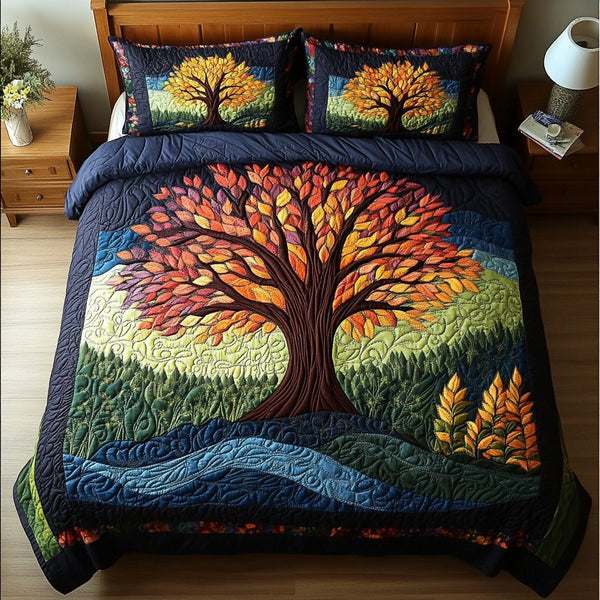 Noble Branches quilted 3-piece bedding set on a made bed in a rustic timber bedroom