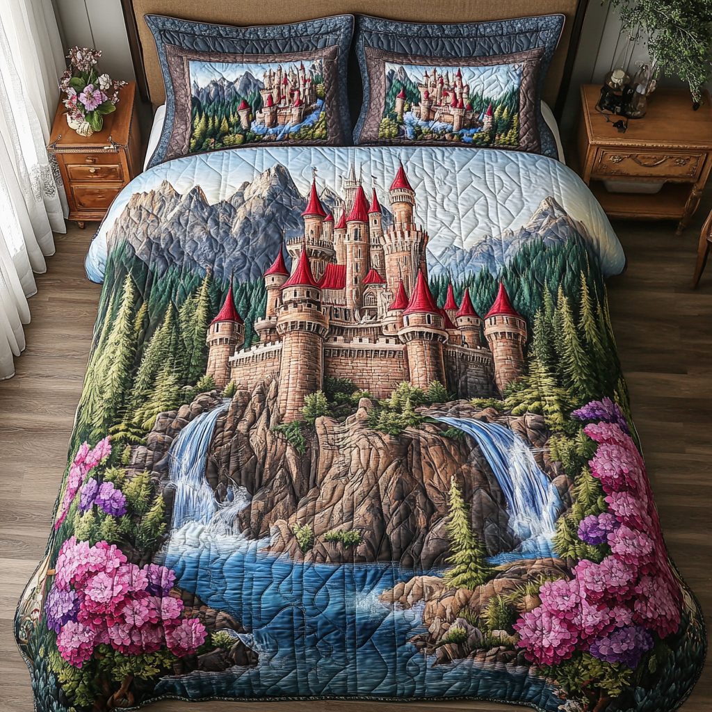 Noble Castle quilted 3-piece bedding set on a made bed with two matching pillow shams