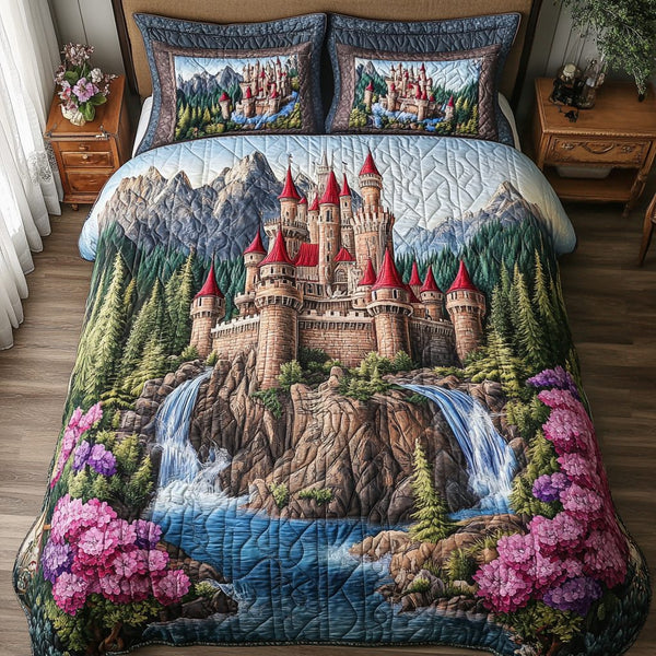 Noble Castle quilted 3-piece bedding set on a made bed with two matching pillow shams