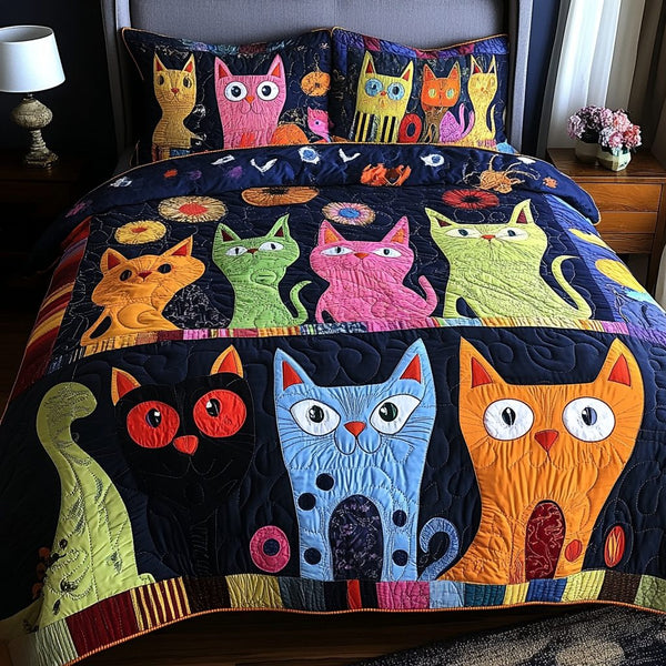 Noble Cat quilted 3-piece bedding set on a made bed with two matching pillow shams
