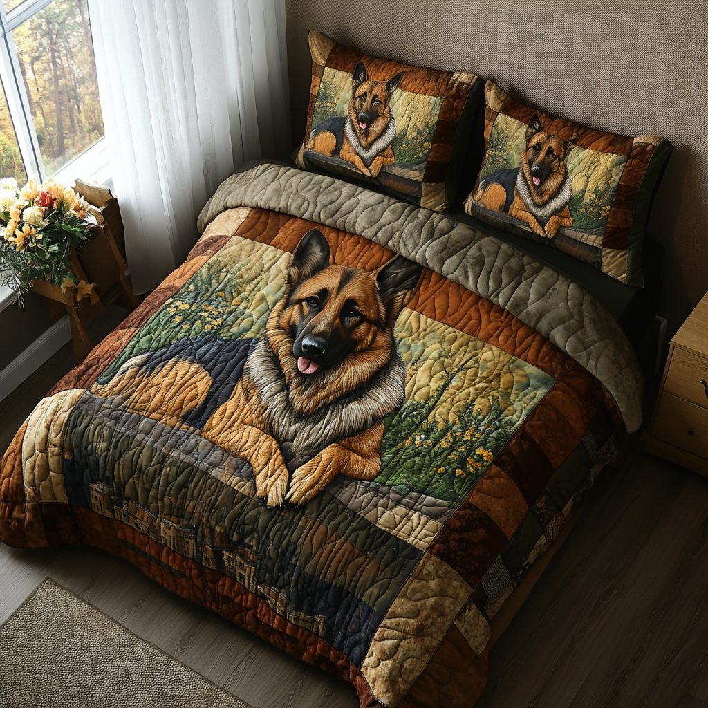 Noble Companion quilted 3-piece bedding set on a made bed with two matching pillow shams