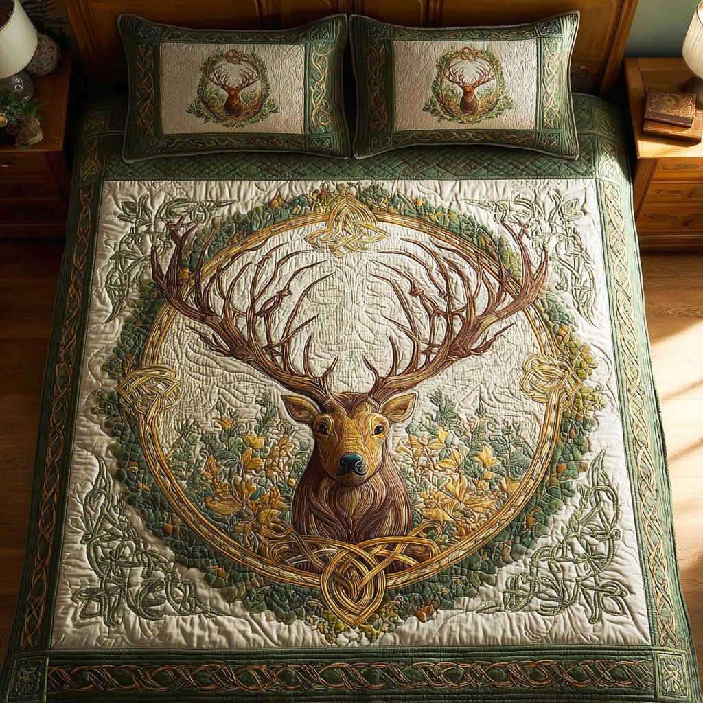 Noble Crown quilted 3-piece bedding set on a made bed with two matching pillow shams