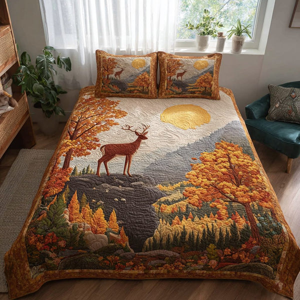 Noble Deer quilted 3-piece bedding set on a made bed with two matching pillow shams