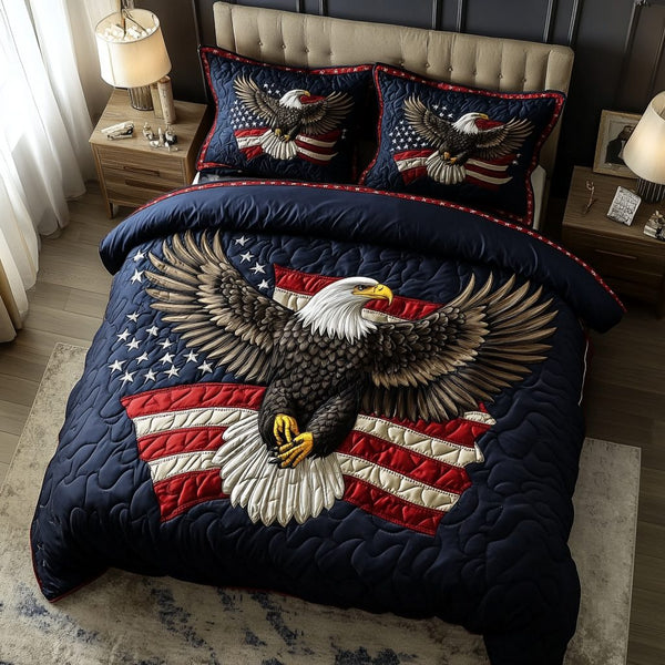 Noble Eagle quilted 3-piece bedding set on a made bed in a warmly lit bedroom