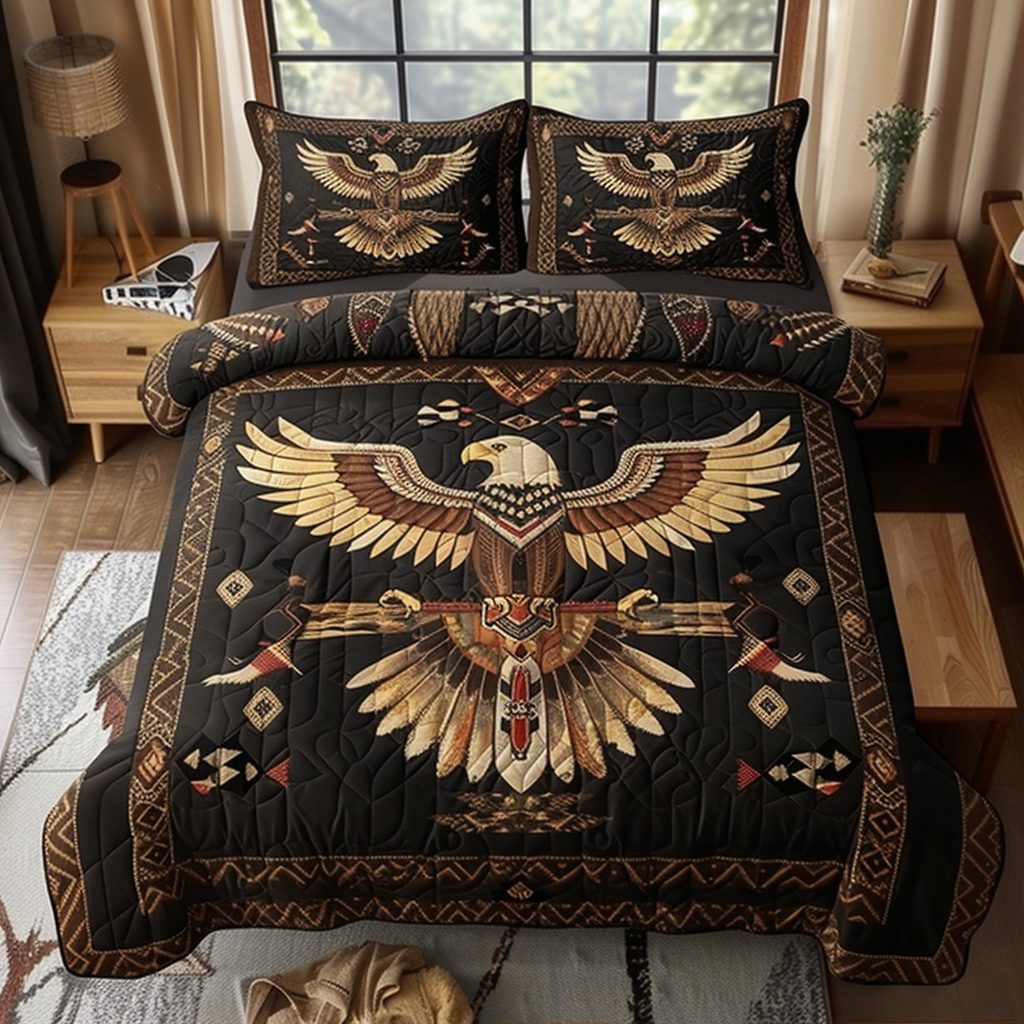 Noble Eagle quilted 3-piece bedding set on a made bed in a warmly lit bedroom