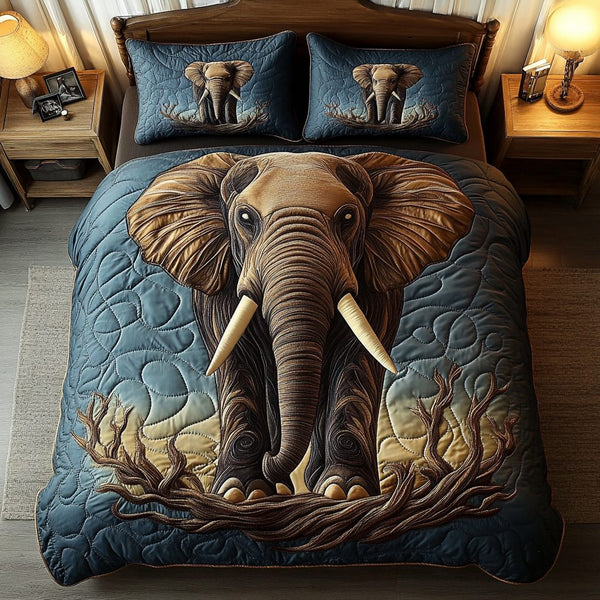 Noble Elephant quilted 3-piece bedding set on a made bed with two matching pillow shams