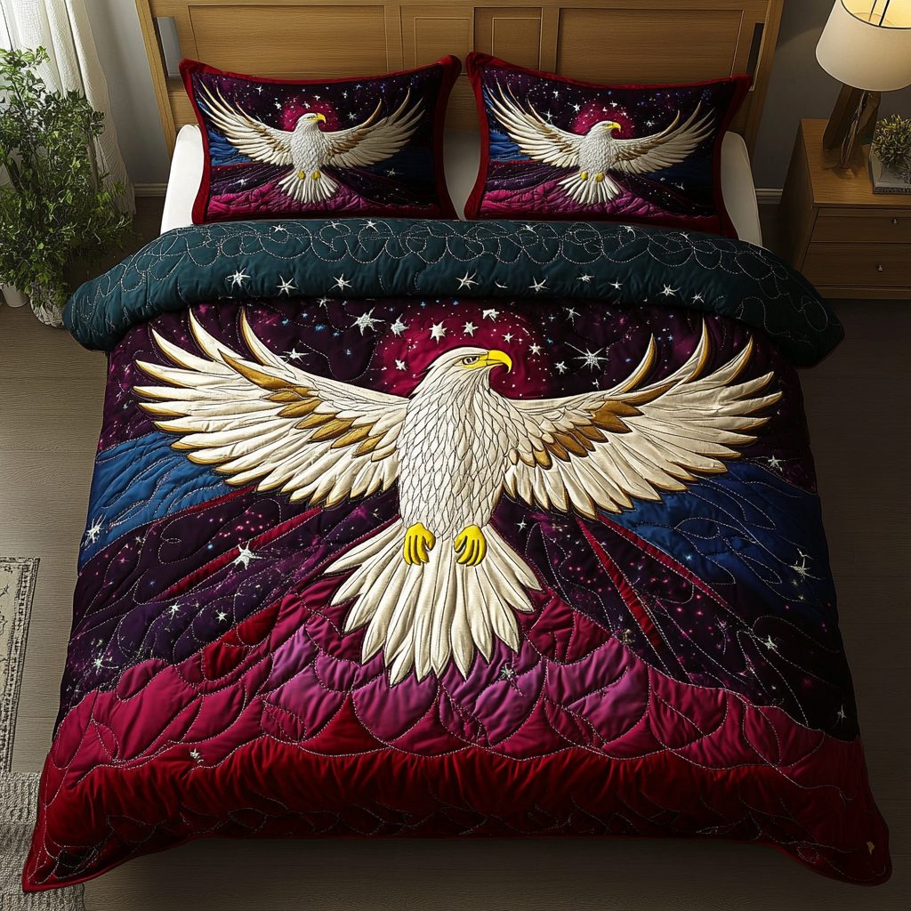 Noble Heights quilted 3-piece bedding set on a made bed with two matching pillow shams
