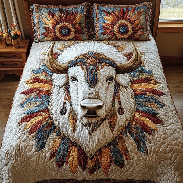 Noble Herd quilted 3-piece bedding set on a made bed with two matching pillow shams