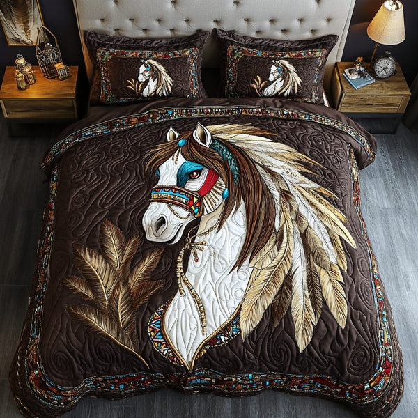 Noble Horse quilted 3-piece bedding set on a made bed in a rustic timber bedroom