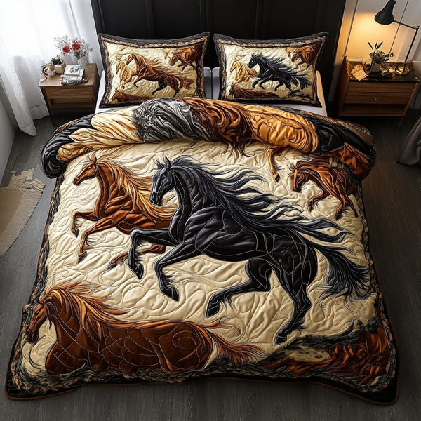 Noble Horse quilted 3-piece bedding set on a made bed in a rustic timber bedroom