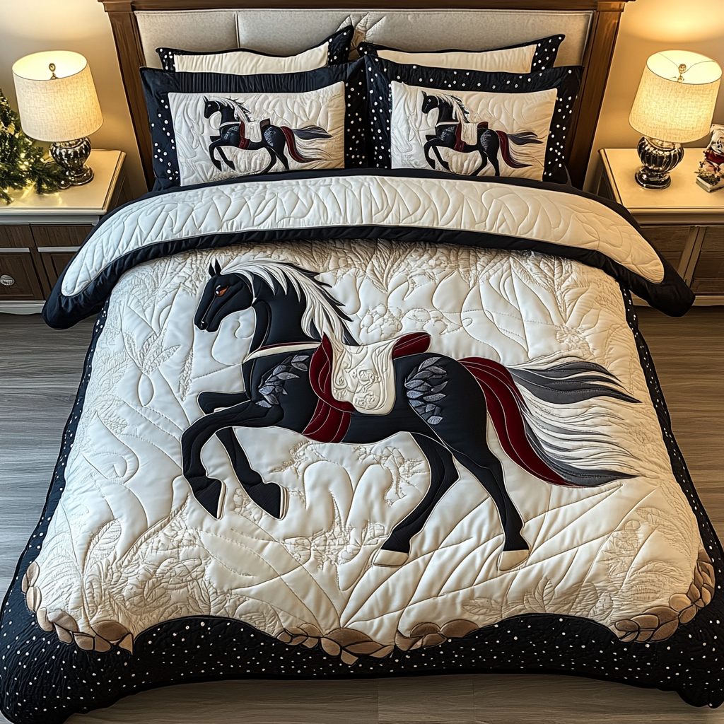 Noble Horse quilted 3-piece bedding set on a made bed in a rustic timber bedroom
