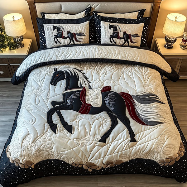 Noble Horse quilted 3-piece bedding set on a made bed in a rustic timber bedroom