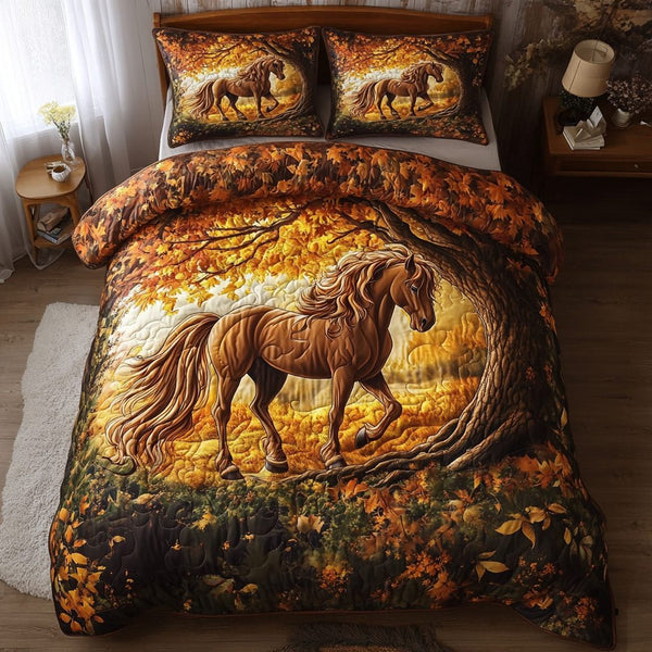 Noble Horse quilted 3-piece bedding set on a made bed in a rustic timber bedroom