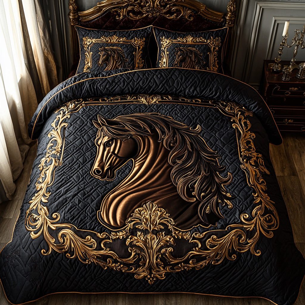 Noble Horse quilted 3-piece bedding set on a made bed in a rustic timber bedroom